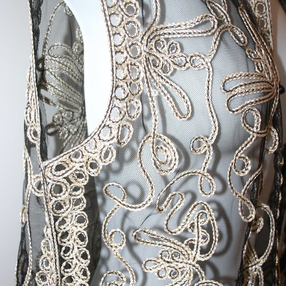 Jin Xiu Black and Gold Soutache Ribbon Embroidered Lace Vest R-498 - Picture 9 of 10